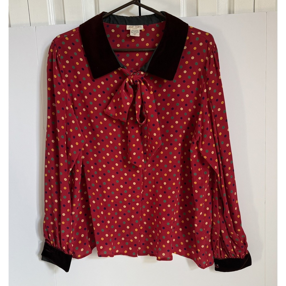 VTG Jean Halm Women's 14 Red‎ Polka Dot 100% Silk Blouse Neck Tie Velvet Accents